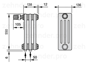 Схема (чертеж) Радиатор Zehnder Charleston 4055/3 №V007 Белый глянцевый RAL 9016